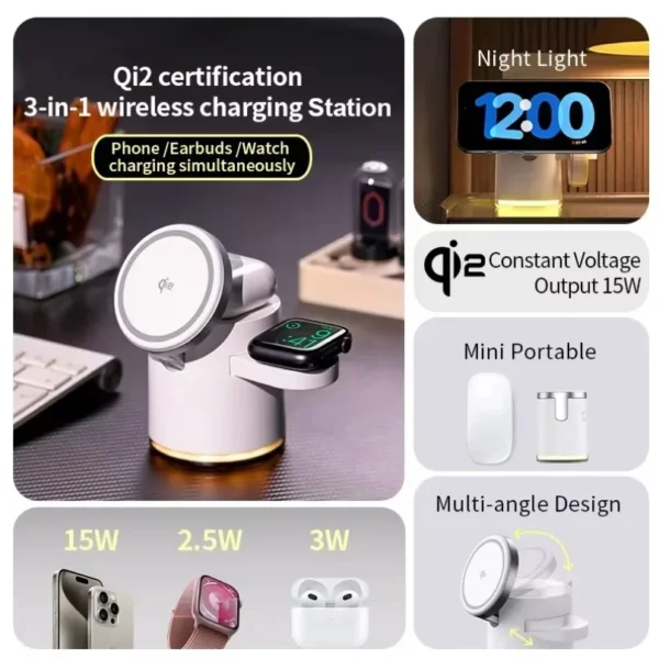 Caricatore Wireless 4 in 1 con Ricarica Rapida QI2 – Base di Ricarica con Luce Notturna per MagSafe iPhone 16, 15, 14 Pro Max, AirPods Pro (2ª-8ª gen) e Apple Watch - immagine 6