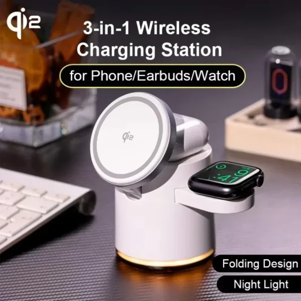 Caricatore Wireless 4 in 1 con Ricarica Rapida QI2 – Base di Ricarica con Luce Notturna per MagSafe iPhone 16, 15, 14 Pro Max, AirPods Pro (2ª-8ª gen) e Apple Watch - immagine 5